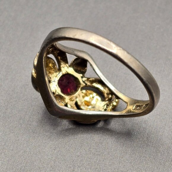 Vintage Sterling Silver Garnet Ring Size 9 Repousse Signed STS Art Nouveau Style - Picture 5 of 13